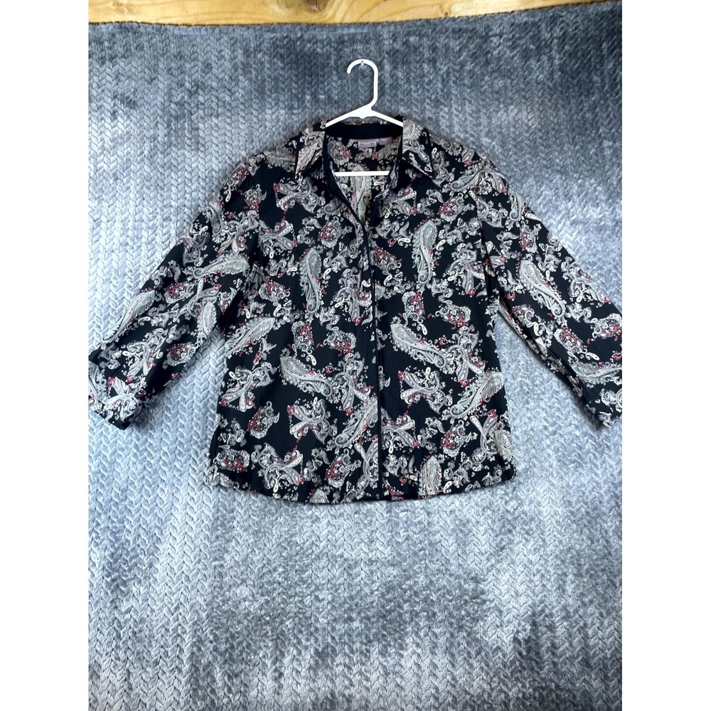 Laura Scott Shirt Women Large Black Paisley Stretch Long Sleeve Casual Button Up